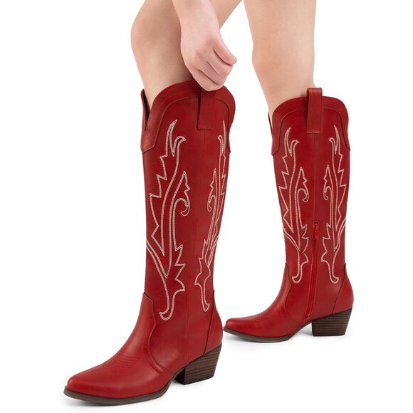 DREAM PAIRS Womens Red Cowboy Boots Wide Calf Knee High Ladies - Picture 9 of 9